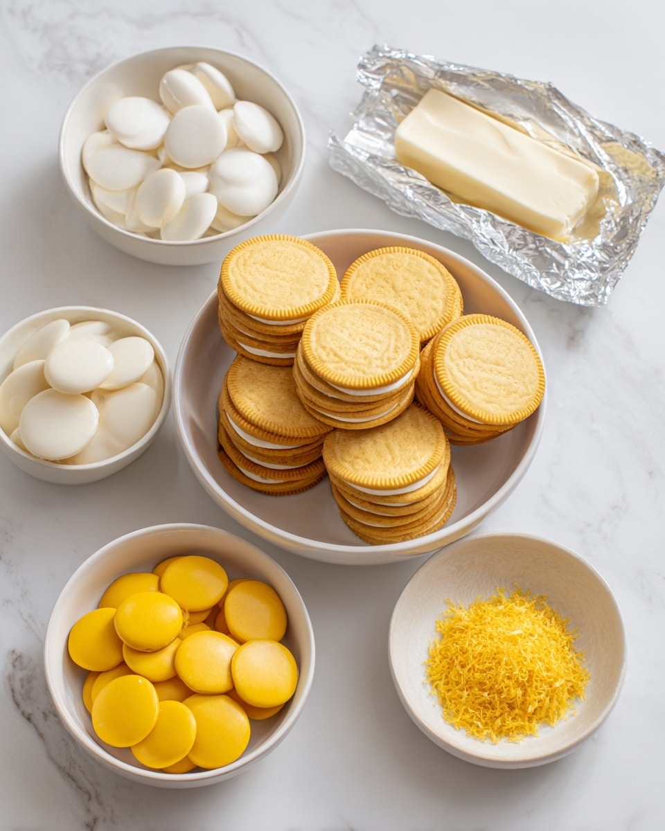 The image shows five white bowls and one wrapped wedge of cream cheese arranged on a white marbled surface. The largest bowl in the center holds many lemon Oreos, stacked in two neat circular layers with the golden cookies stacked vertically and tightly packed. To the top left is a bowl filled with white candy melts, smooth and round like small discs. To the top right is a silver-wrapped wedge of cream cheese partially opened, showing the creamy white cheese inside. At the bottom left is a bowl containing bright yellow candy melts, smooth round discs similar to the white ones but in a sunny yellow color. At the bottom right is a small bowl holding a small pile of yellow lemon zest with a fine, textured look. The whole arrangement is clean, bright, and organized with a white marbled background photo taken with an iphone --ar 4:5 --v 7