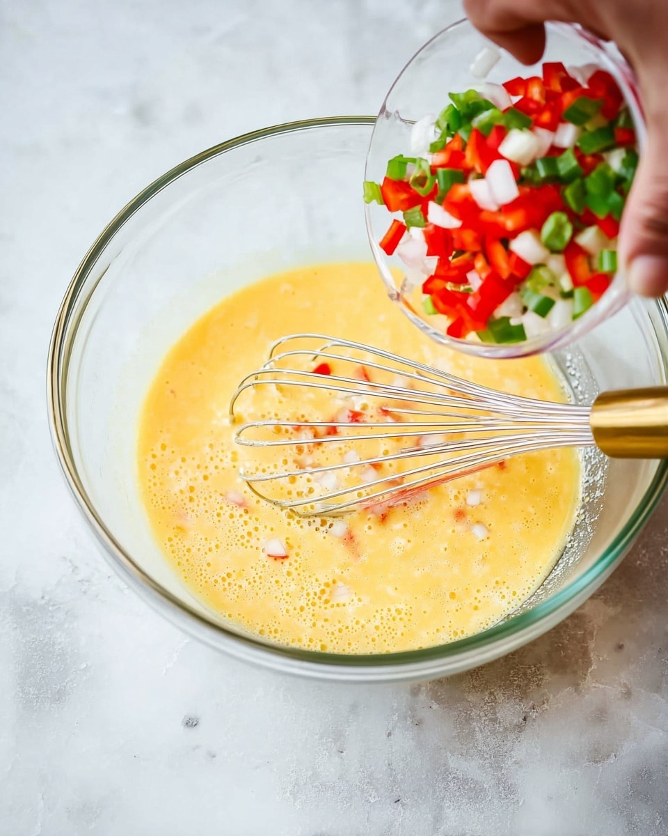 A clear glass bowl holds a yellow beaten egg mixture with small bubbles on the surface. Inside the bowl, a shiny metal whisk with a gold handle rests on the right side, partially submerged in the eggs. Above the bowl, a woman's hand is pouring a small clear bowl with diced red and green bell peppers and white onion pieces into the egg mixture. The scene is set on a white marbled surface that adds a soft textured background. photo taken with an iphone --ar 4:5 --v 7