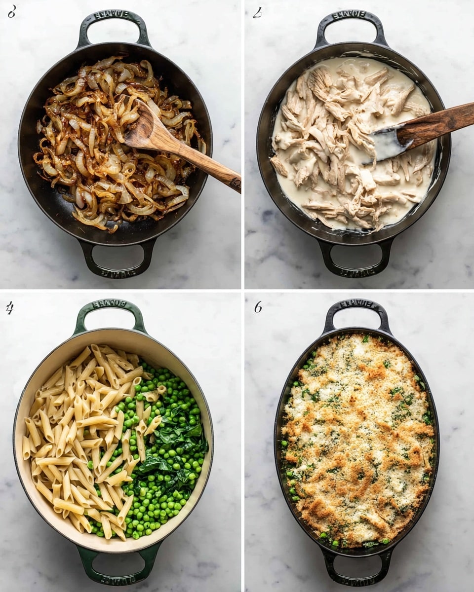 The images show four steps of making a baked pasta dish. The first image shows a black pan with caramelized golden onion slices and a wooden spoon resting on the right side. The second image reveals the same black pan with the onion now mixed with browned, seasoned strips of cooked chicken. The third image features a white pot filled with cooked penne pasta on the left, cooked chicken and onions on the top right, bright green peas in the middle, fresh green spinach leaves on the bottom left, and a creamy white sauce being poured over everything from the right. The last image displays a black oval baking dish filled with the combined pasta mixture, topped with a layer of grated cheese or breadcrumbs ready for baking. The scene is set on a white marbled surface, photo taken with an iphone --ar 4:5 --v 7