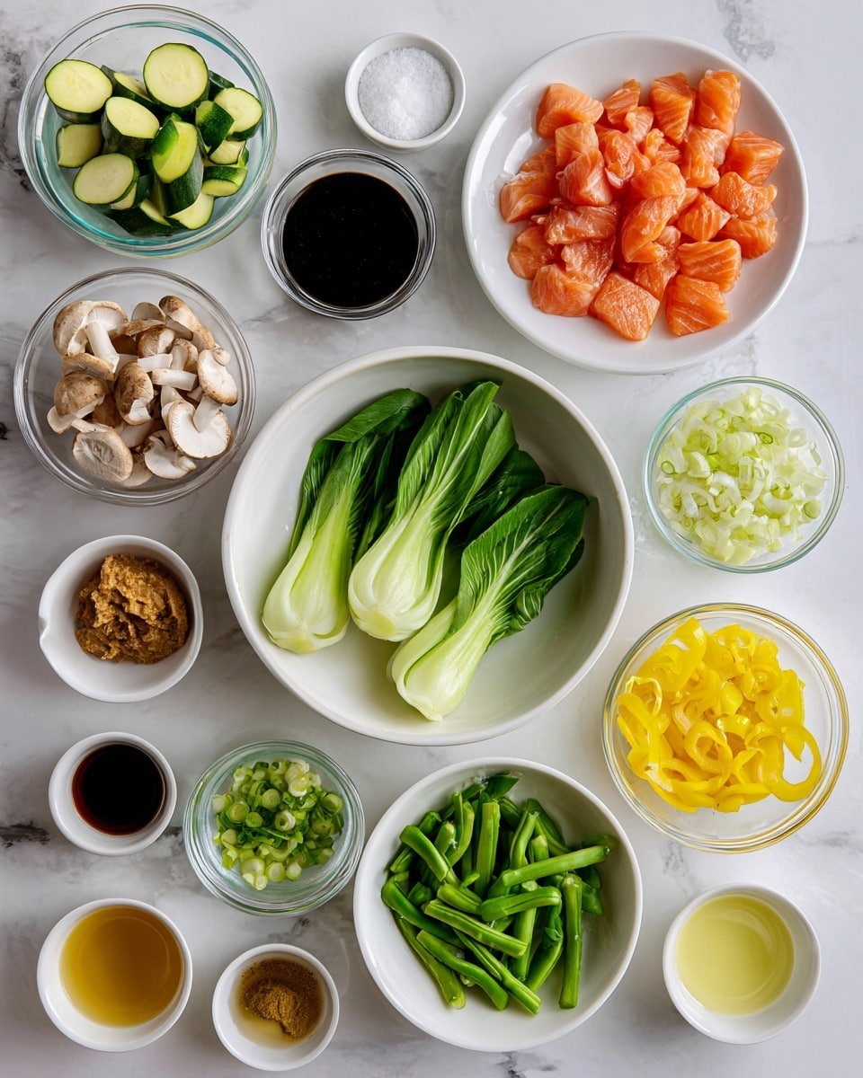 The image shows many small white bowls and clear glass bowls arranged on a white marbled surface, each filled with different fresh ingredients. From the top left, there is a clear glass bowl with light green zucchini pieces with white insides, below it a small white bowl with light brown ginger paste, and a white bowl filled with chopped green onions. Next, a clear glass bowl holds brown and white shiitake mushrooms with curved shapes. A large white bowl in the center contains leafy green bok choy with thick white stems. To the right, a white bowl with bright green whole green beans, and another white bowl with bright yellow, sliced yellow bell pepper strips. Above those are white bowls with orange-pink chunks of raw salmon, light green sliced green onions, white garlic bits, and white cornstarch powder. At the top, small white bowls hold golden olive oil, dark brown soy sauce, and clear water. At the bottom left, small white bowls contain light yellow sesame oil, dark amber honey, pale yellow lime juice, and pale rice vinegar. The clean and bright arrangement highlights the fresh colors and textures of each ingredient. Photo taken with an iphone --ar 4:5 --v 7