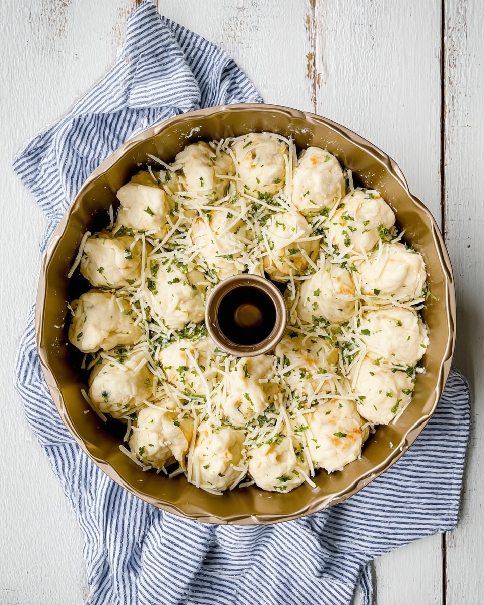A gold Bundt pan is shown from above, holding many small dough pieces roughly placed inside. The dough pieces are light cream-colored and soft-looking, scattered unevenly in the pan. They are topped with thin, shredded white cheese and small green herb bits scattered on and around them. The pan sits on a white wooden surface, partly covered with a blue and white striped cloth. photo taken with an iphone --ar 4:5 --v 7