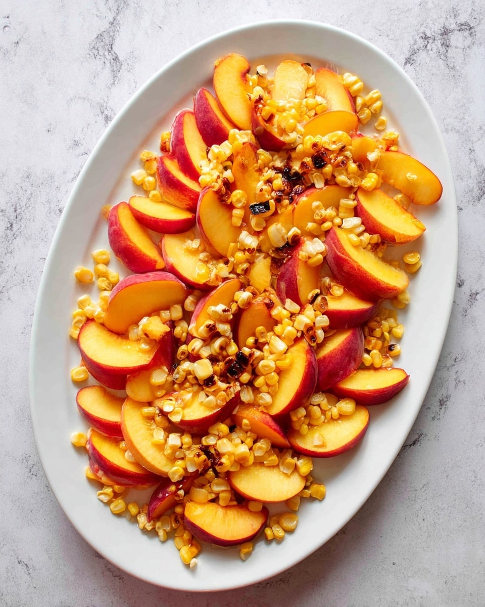 An oval white plate is filled with sliced peach wedges layered in the center, showing bright orange flesh and reddish skin edges. Scattered all over and around the peach slices are small pieces of grilled corn kernels, light yellow with some parts charred dark brown. The plate sits on a white marbled surface. photo taken with an iphone --ar 4:5 --v 7