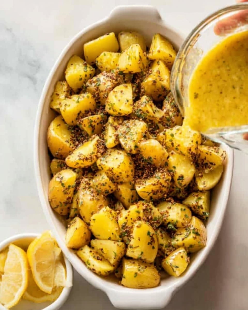 A white oval dish filled with small yellow potato pieces, each one cut into irregular chunks. The potatoes are coated with brown and green herbs and spices, giving a speckled texture on top. A white woman's hand holds a glass bowl pouring a thick yellow mustard sauce mixed with herbs over the potatoes. The dish rests on a white marbled surface. photo taken with an iphone --ar 4:5 --v 7