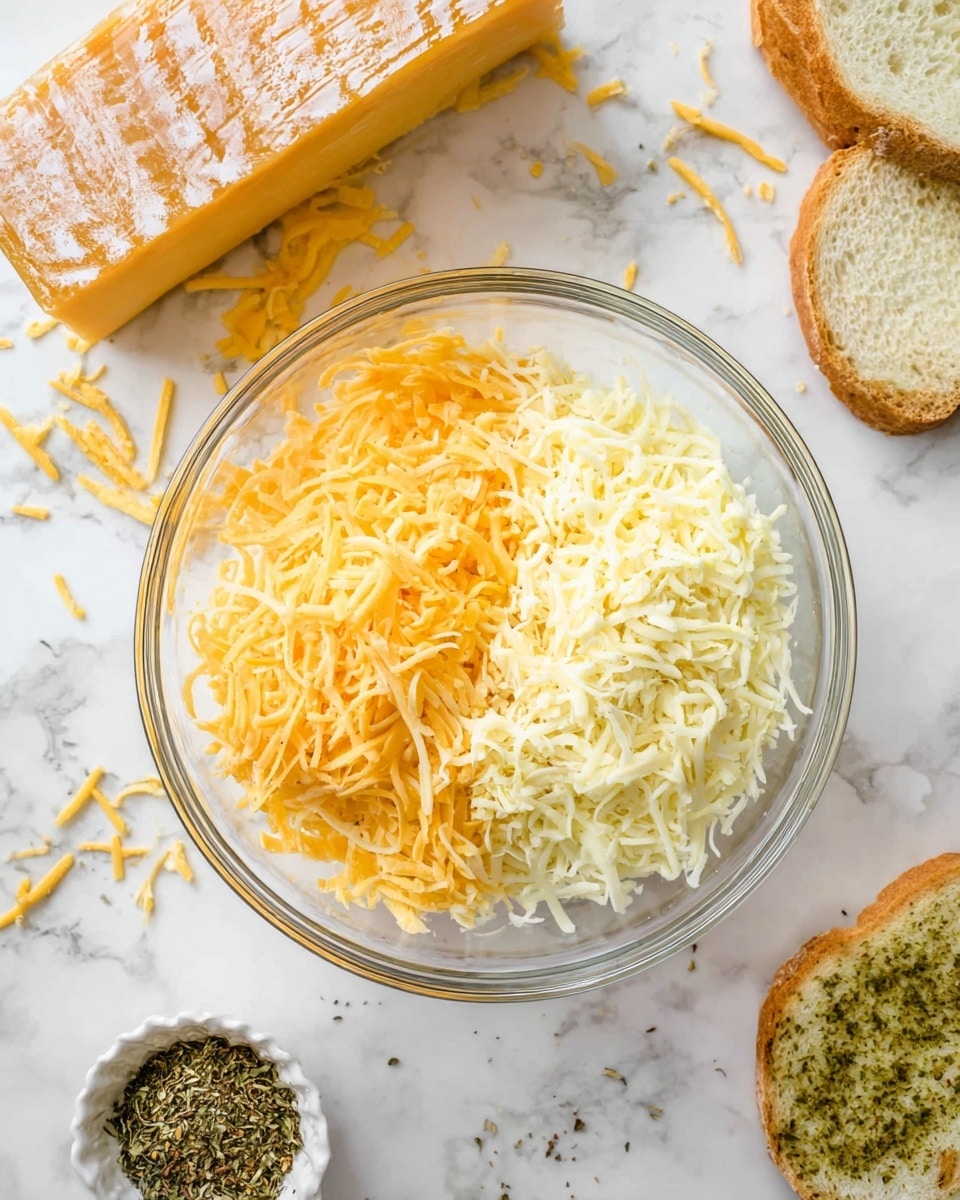 A clear glass bowl filled with two types of shredded cheese, one layer of bright orange-yellow cheese on the left half and a layer of pale off-white cheese on the right half, sits on a white marbled surface. Above the bowl, there is a block of marbled orange and white cheese with some shredded pieces scattered nearby. Around the bowl on the white marbled surface, there are four slices of white bread spread with a green herb butter, one near the top right, one near the bottom right, another at the bottom center edge, and one just out of view on the left. In the lower left corner, there is a small white bowl filled with mixed dried herbs. photo taken with an iphone --ar 4:5 --v 7