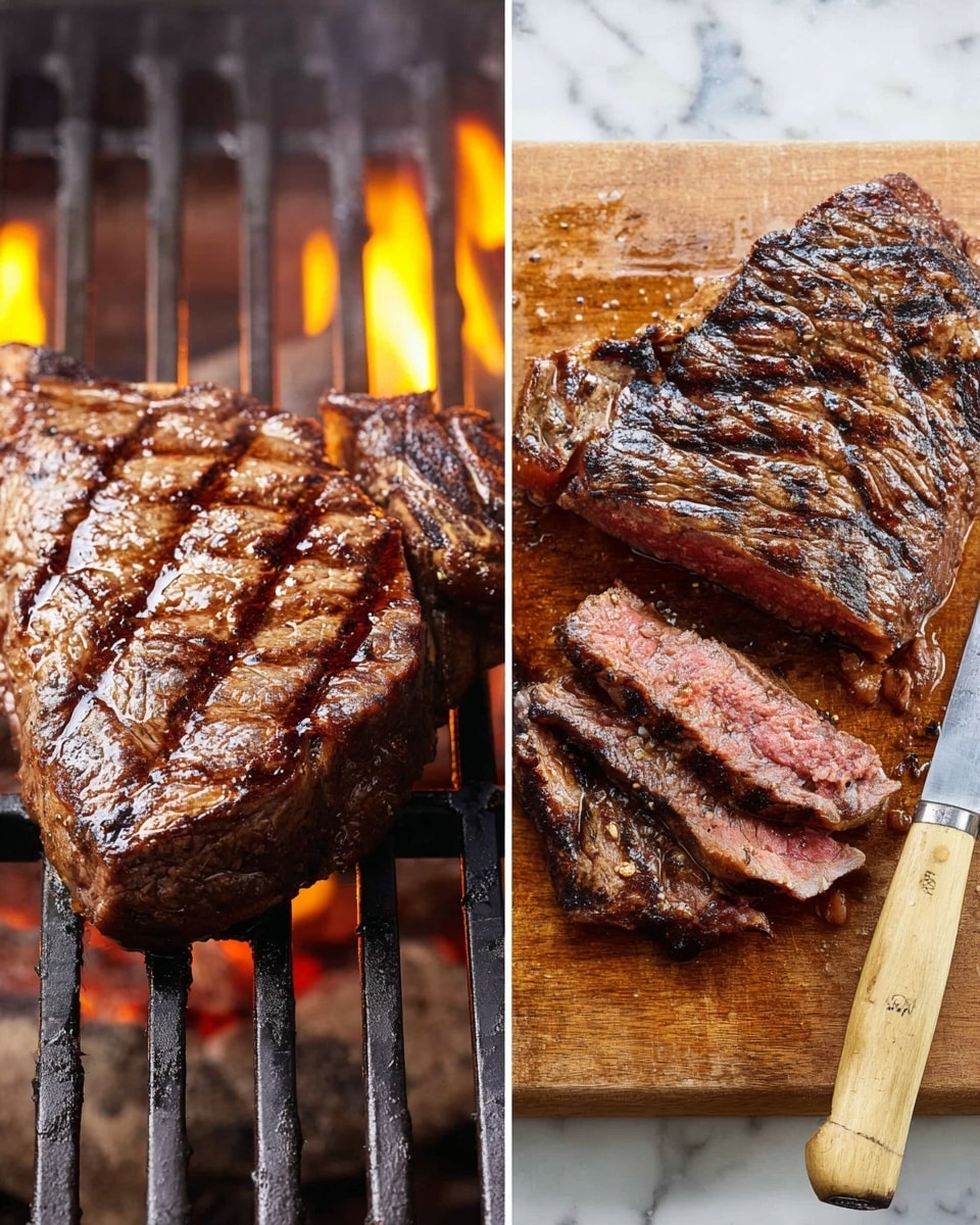 The image shows two views of a thick grilled steak. On the left side, the steak is on a barbecue grill over open flames, with grill marks and a browned, slightly charred surface. On the right side, two cooked steaks are on a wooden cutting board with visible grill marks and a shiny, juicy exterior. One steak is whole, while the other is partially sliced, showing a pink center inside the dark brown crust. A knife with a light handle rests on the cutting board near the sliced steak. The surface underneath is a white marbled texture. Photo taken with an iphone --ar 4:5 --v 7