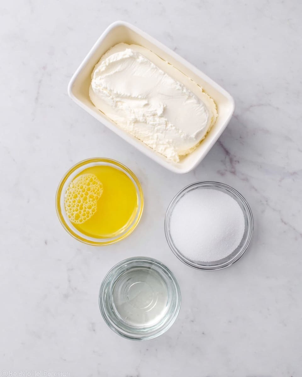 The image shows four ingredients placed on a white marbled surface. At the top is a white rectangular container filled with smooth, creamy white ricotta cheese that has a slightly uneven surface texture. Below it and slightly to the left is a small round clear glass bowl holding yellow melted butter with a few tiny bubbles on top. To the right of the butter is another small round clear glass bowl filled to the brim with fine, white granulated sugar. Below these two bowls is a fourth small round clear glass bowl containing clear water which reflects light on its surface. The ingredients are arranged in a loose diamond shape. photo taken with an iphone --ar 4:5 --v 7