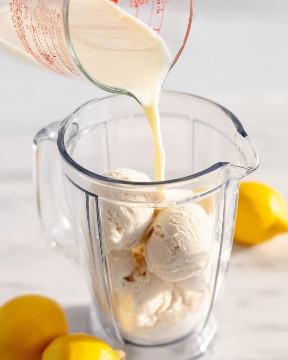 A clear glass blender jar filled with several scoops of light beige creamy ice cream sitting on a white marbled surface. A transparent measuring cup held by a woman's hand is pouring a pale yellow liquid gently over the top of the ice cream inside the blender. In the blurred background, three whole yellow lemons are placed on the white marbled surface. The scene is brightly lit and clean. photo taken with an iphone --ar 4:5 --v 7