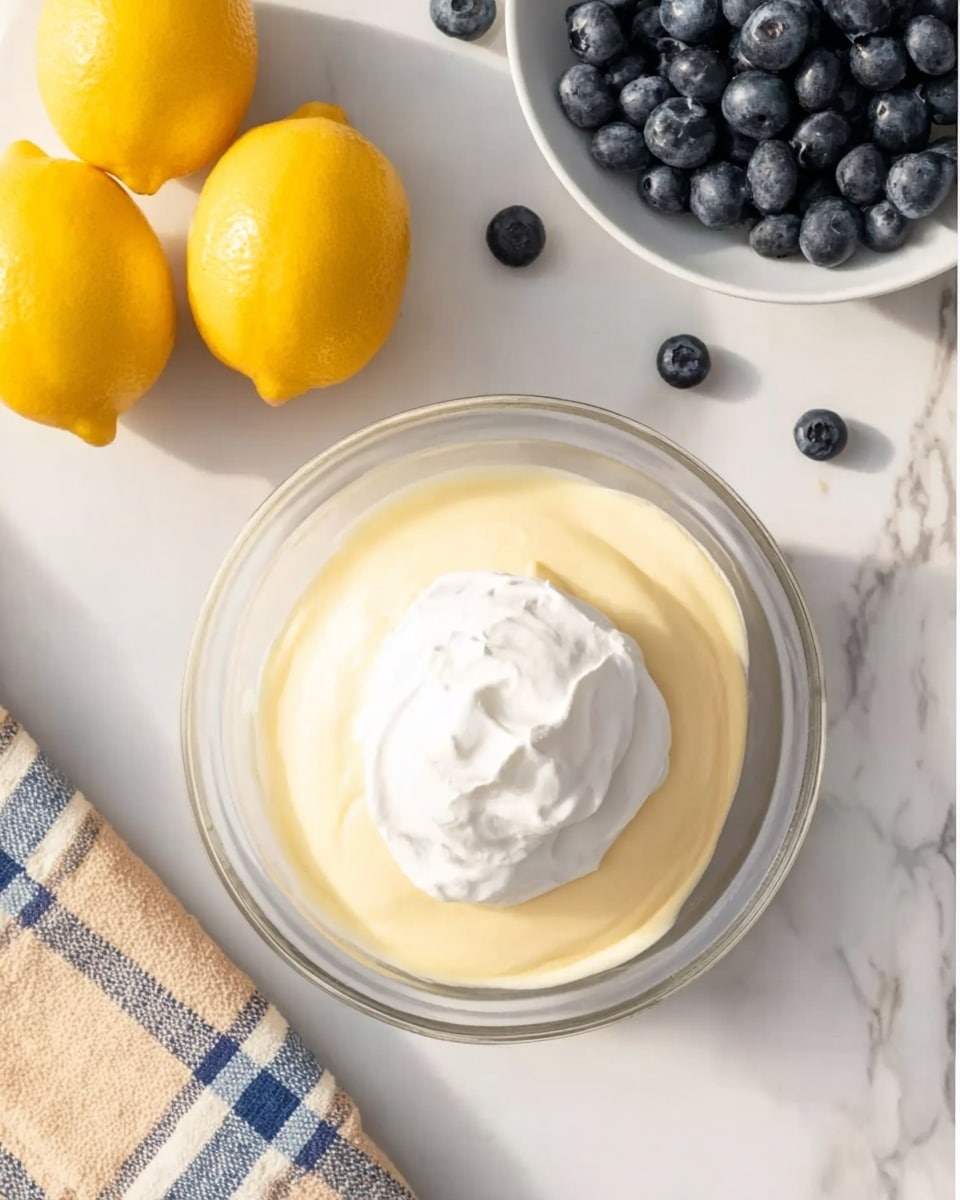 A clear glass bowl holds a smooth pale yellow batter layer topped with a dollop of thick white whipped cream in the center. To the top left, three bright yellow lemons rest on a white marbled surface, with a few scattered dark blue blueberries nearby. To the top right, a white bowl filled with more fresh blueberries sits, some spilling slightly onto the white marbled surface. At the bottom left corner, a beige and blue checkered cloth is partially visible. The lighting is bright and natural, highlighting the fresh ingredients and textures. Photo taken with an iphone --ar 4:5 --v 7