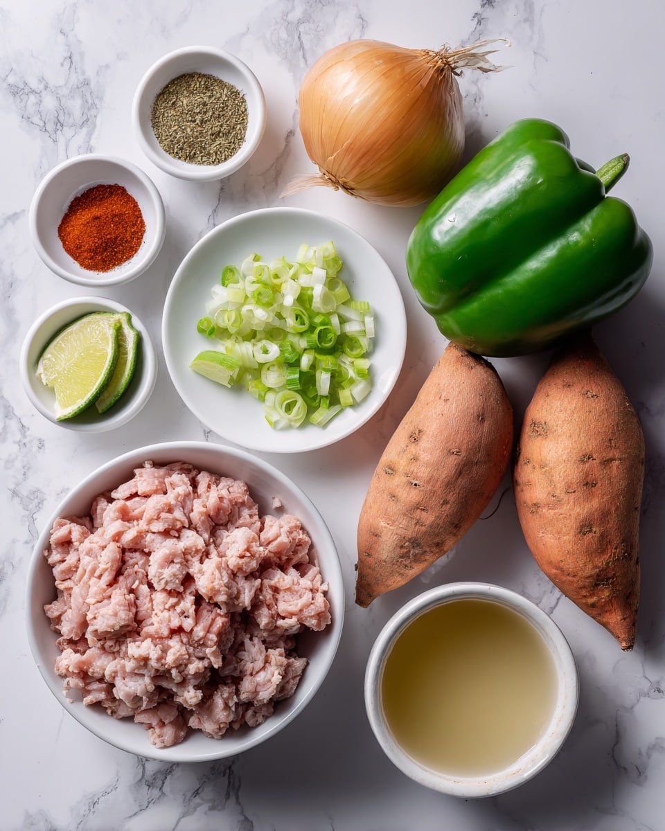 The image shows cooking ingredients arranged neatly on a white marbled surface. There are two whole sweet potatoes with a rough orange skin on the right side. Next to them is a bright green bell pepper with a smooth, shiny surface. An onion with a pale brown outer skin sits near the center. Above the onion is a small white bowl holding green scallion slices labeled as toppings. To the left are three small white bowls: one with reddish chili powder, one with sage spice, and the last with light brown garlic powder. A small plate with three lime wedges is placed near the toppings. Below these is a clear plastic package of ground turkey, showing the pink meat inside, with a green label on top. A small bowl of pale yellow chicken broth is near the center bottom. All items are spaced evenly and labeled clearly with black and white text. The photo taken with an iphone --ar 4:5 --v 7
