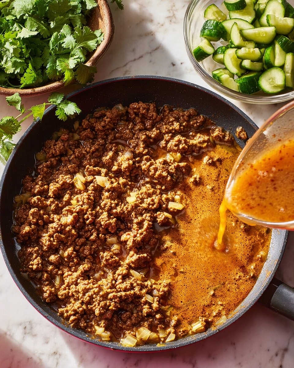 A round black pan filled with cooked ground meat mixed with small pieces of light yellow onions, mostly golden brown with some reddish-orange sauce on top that is being poured from a clear glass bowl held at the bottom right. The pan rests on a white marbled surface. To the left there is a bunch of fresh green cilantro in a rustic brown container, and on the top right edge, a clear bowl contains sliced bright green cucumbers. Photo taken with an iphone --ar 4:5 --v 7