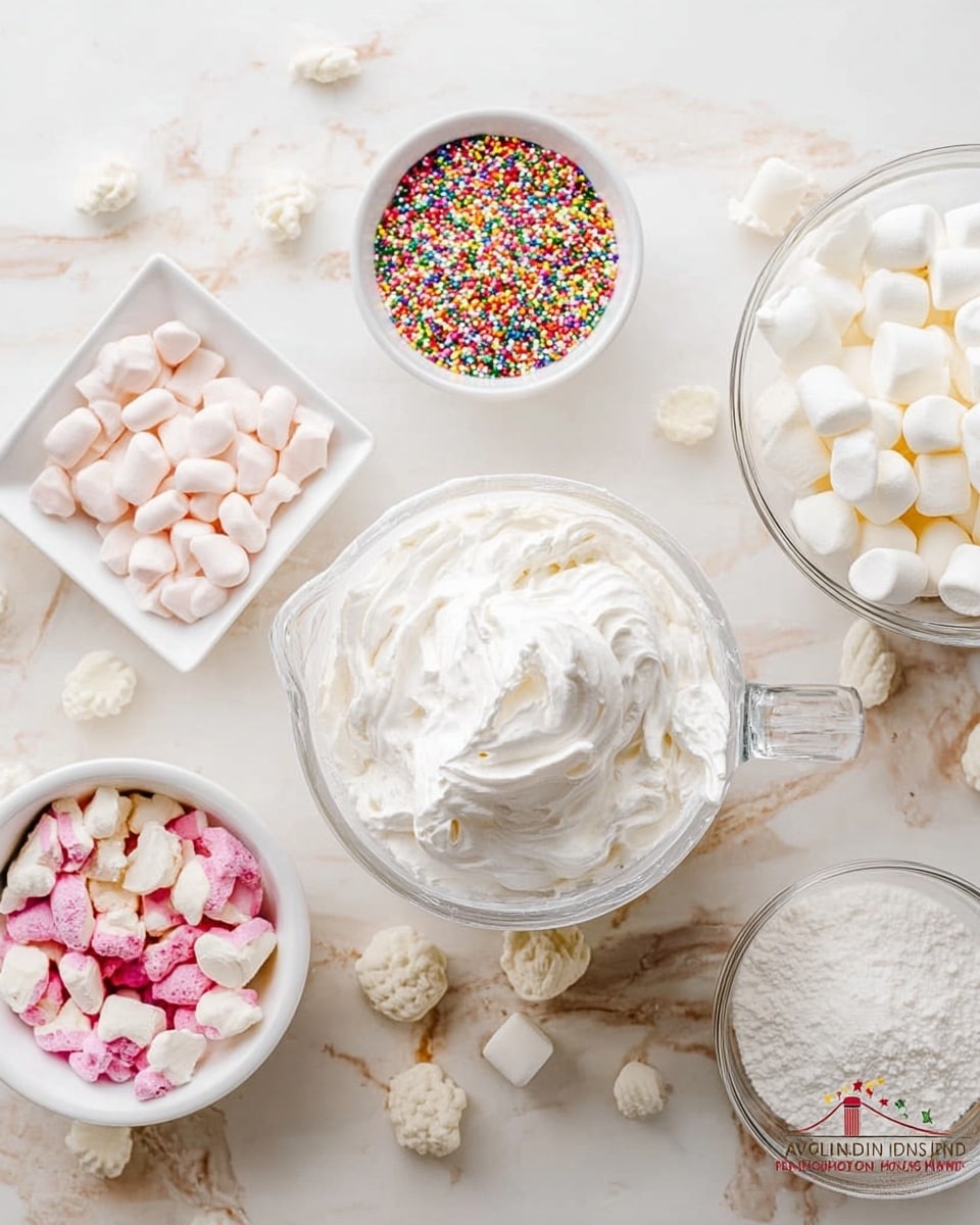 The image shows a white marbled surface with several clear measuring cups and white bowls filled with different baking ingredients. At the center, there is a large clear measuring cup filled with a fluffy white whipped cream texture. To the right, another clear measuring cup holds small white marshmallows. In the bottom left corner, a small white bowl contains pink and white broken candies. Above the candies, a small white square bowl is filled with colorful sprinkles. At the top right, a small white bowl holds white powdered sugar. There are scattered mini marshmallows on the surface around the containers. Photo taken with an iphone --ar 4:5 --v 7