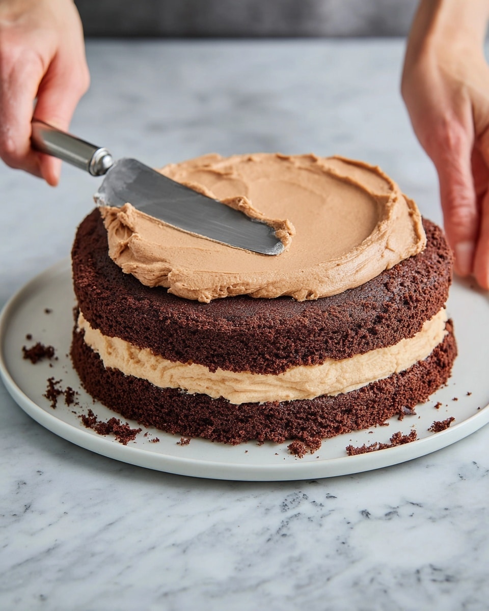 The image shows a two-layer chocolate cake on a white plate with a white marbled surface underneath. The bottom layer is dark brown with a rough texture and has a thinner middle frosting layer of light brown color. The top layer of the cake is also dark brown and soft. On this layer, a smooth, thick light brown frosting is being spread evenly with a metal spatula held by a woman's hand, while another woman's hand steadies the plate. The light brown frosting contrasts with the dark brown cake layers, and some cake crumbs are visible at the edges. Photo taken with an iphone --ar 4:5 --v 7