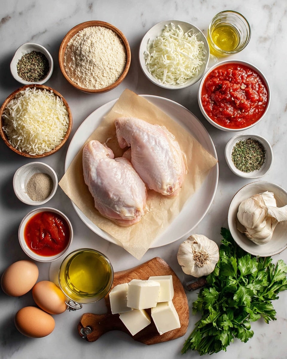 The image shows a white plate at the center with two raw chicken pieces laid on light brown parchment paper. Surrounding the plate are many small white bowls and wooden dishes containing different ingredients: finely chopped white onions, a heap of grated white cheese, a bowl of breadcrumbs, a bowl of red tomato sauce, a small bowl of olive oil with a golden shine, finely chopped green herbs, and a small pile of mixed spices including salt and black pepper. There are also two brown eggs in a white dish, a few cloves of garlic on a small wooden board with bunches of fresh green parsley, two small white cubes of butter with measurements printed on wrappers, and a clear glass cup. The background is a white marbled surface. Photo taken with an iphone --ar 4:5 --v 7