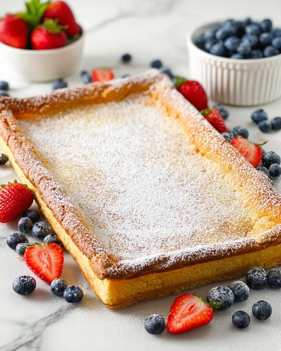 A rectangular baked golden brown pastry with raised edges forms one thick layer, dusted evenly with white powdered sugar on top. Around the pastry on a white marbled surface are scattered fresh blueberries and strawberries, with a small white bowl of strawberries and a small white bowl of blueberries nearby. The scene is bright and clean, showing the texture of the pastry crust and powdered sugar clearly. photo taken with an iphone --ar 4:5 --v 7