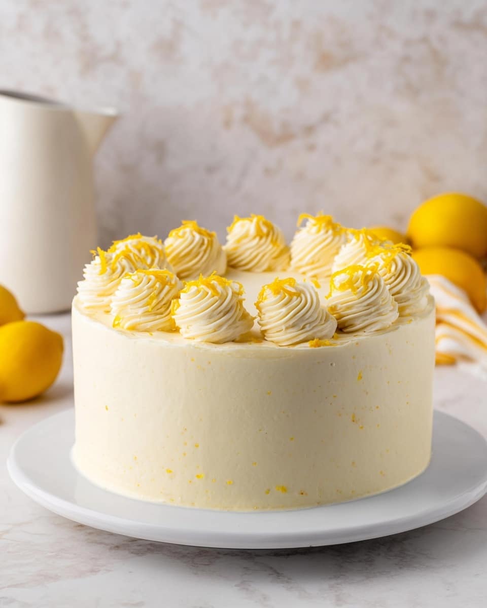 The image shows a round lemon cake with smooth, pale yellow frosting on the outside, sitting on a white plate. There are ten swirled frosting dollops evenly spaced around the top edge of the cake, each topped with thin strips of bright yellow lemon zest. The cake has a clean and neat finish, with tiny specks of lemon zest visible in the frosting. The background is a white marbled texture with some whole yellow lemons and a white jug partially in view behind the cake. Photo taken with an iphone --ar 4:5 --v 7
