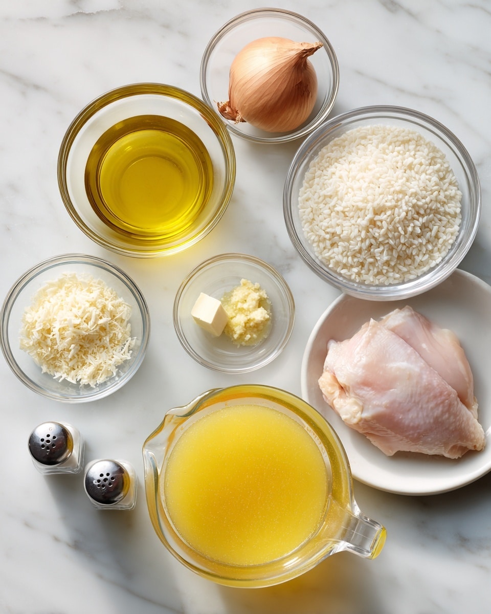 The image shows a white marbled surface with several small clear glass bowls and a white plate. The white plate holds a raw piece of chicken. The small glass bowls contain finely grated parmesan cheese, olive oil with a clear golden color, uncooked arborio rice that is white and round, minced garlic, softened yellow butter, and a whole shallot with a brownish skin. There is a large clear glass measuring cup filled with bright yellow vegetable stock or broth. Two small salt and pepper shakers are placed near the bottom left. Each ingredient is labeled with green tags placed above or near the bowls and plate. The scene is lit evenly with soft shadows. photo taken with an iphone --ar 4:5 --v 7