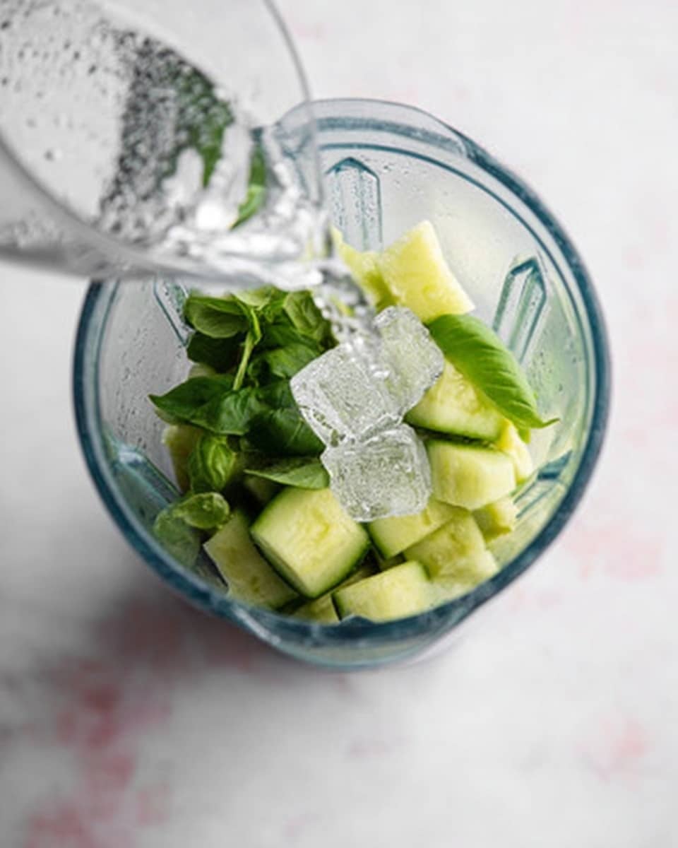 A close-up top view shows a clear blender jar filled with three layers of ingredients: large chunks of avocado at the bottom in light green, whole fresh basil leaves in the middle with dark green color and a smooth texture, and several ice cubes on top that are translucent with a frosty look. A woman's hand is pouring water into the blender from a clear glass pitcher, the water pouring down creating small bubbles and ripples inside the blender. The blender is placed on a surface with a white marbled texture. Photo taken with an iphone --ar 4:5 --v 7
