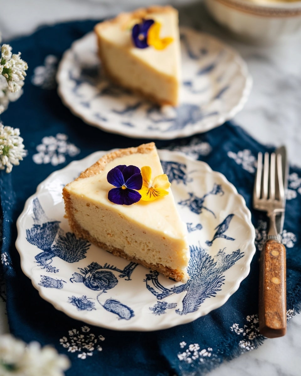 A round tart with three visible layers: a thick, light beige crust forming the base and sides, a creamy pale yellow filling with a smooth texture, and a golden caramelized glaze on top with slight ridges creating a striped pattern. The tart is decorated in the center with a small cluster of purple edible flowers. It sits on a white cake stand with scalloped edges, placed on a white marbled surface. In the background, there are blurred white and blue porcelain teapots and cups. Photo taken with an iphone --ar 4:5 --v 7