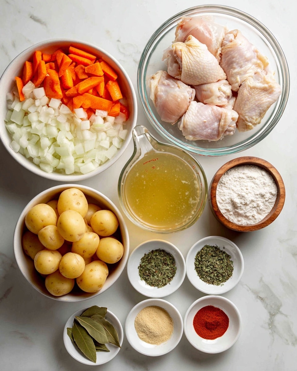 The image shows several bowls and containers of ingredients arranged neatly on a white marbled surface. In the top right, there is a clear glass bowl with raw chicken thighs that have a pale pink and white color. To the left of this bowl, there is a white bowl filled with sliced orange carrots, white chopped onions, and green herbs with leafy and needle-like textures. Below the carrots and onions, another white bowl holds a pile of small, round, yellow baby potatoes. In the center, there is a clear glass measuring cup filled with light yellow chicken broth. Near the chicken broth, a wooden container holds white cornstarch, next to a small white bowl with several green bay leaves. At the bottom, four small white bowls hold different powders: a greenish Italian seasoning, a light beige onion powder, a deep red paprika, and a pale yellow garlic powder. All items are placed on a clean white marbled surface. Photo taken with an iphone --ar 4:5 --v 7