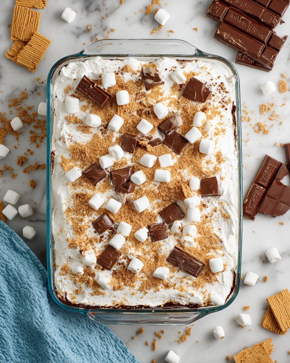 A glass rectangular dish filled with a layered dessert starting with a base layer, topped by a thick, fluffy white whipped cream layer. The top is covered in small white marshmallows, broken milk chocolate pieces, and sprinkled with light brown crushed graham crackers. The dish is placed on a white marbled surface scattered with some marshmallows, broken chocolate, and graham crackers around. Nearby is a chocolate bar partially in view and a folded blue cloth. Photo taken with an iphone --ar 4:5 --v 7