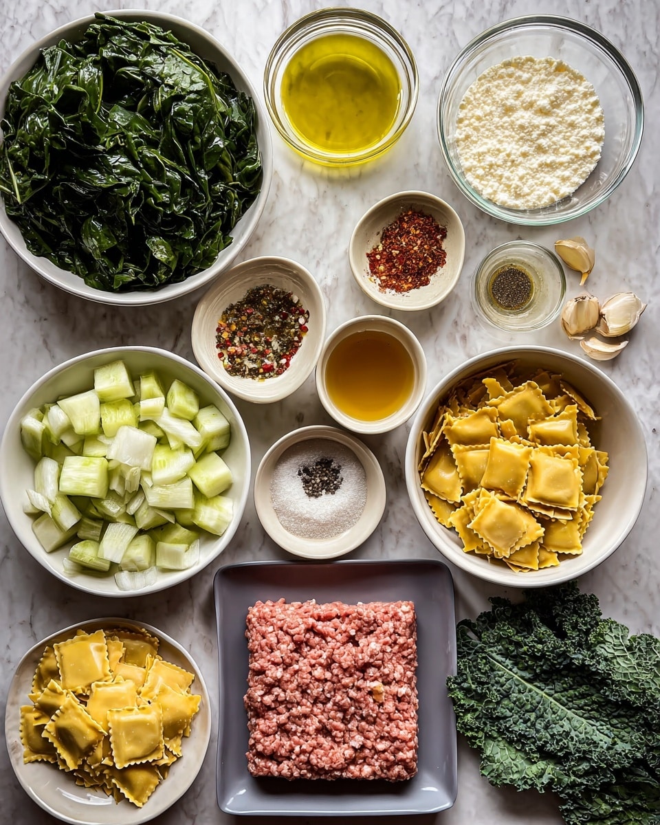 The image shows an overhead view of many white bowls and plates arranged on a white marbled surface, each holding different cooking ingredients. Starting from the top and moving clockwise: a white bowl with deep green spinach leaves, a clear glass bowl with a white creamy liquid, a white bowl with a mix of minced garlic, dried red pepper flakes, and dried herbs, a white bowl with olive oil, a bowl with cubed light green zucchini, a white bowl with yellow ravioli, a bowl with small chopped white onions, a glass cup filled with light brown broth, a small bowl with grated cheese, a tiny bowl with salt, a plate with dark green kale leaves, a small bowl with cracked black pepper, a clear glass bowl with cubed raw bacon pieces, and a gray plate in the center holding raw ground meat in a rectangular shape. photo taken with an iphone --ar 4:5 --v 7
