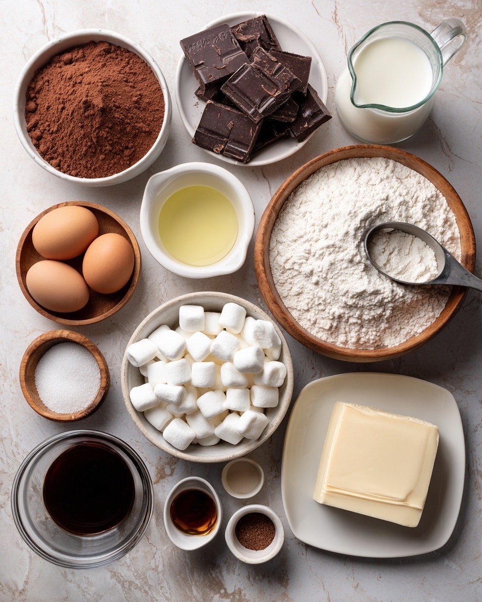 The image shows various baking ingredients arranged neatly on a white marbled surface. There are two white bowls filled with light brown cocoa powder and dark chocolate chunks, and a wooden bowl with white all-purpose flour with a metal scoop inside. A white measuring cup holds pale yellow vegetable oil, and a small white cup contains dark brown vanilla extract. A wooden bowl with granulated sugar and a wooden spoon rests nearby. Two eggs are placed in a small wooden bowl, while salt and baking powder each sit in their own small wooden bowls. There is a glass cup of mini white marshmallows, a glass cup filled with heavy cream, a glass jug of milk, a white bowl with thick dark chocolate syrup, and a white square plate holding a pale block of butter. photo taken with an iphone --ar 4:5 --v 7