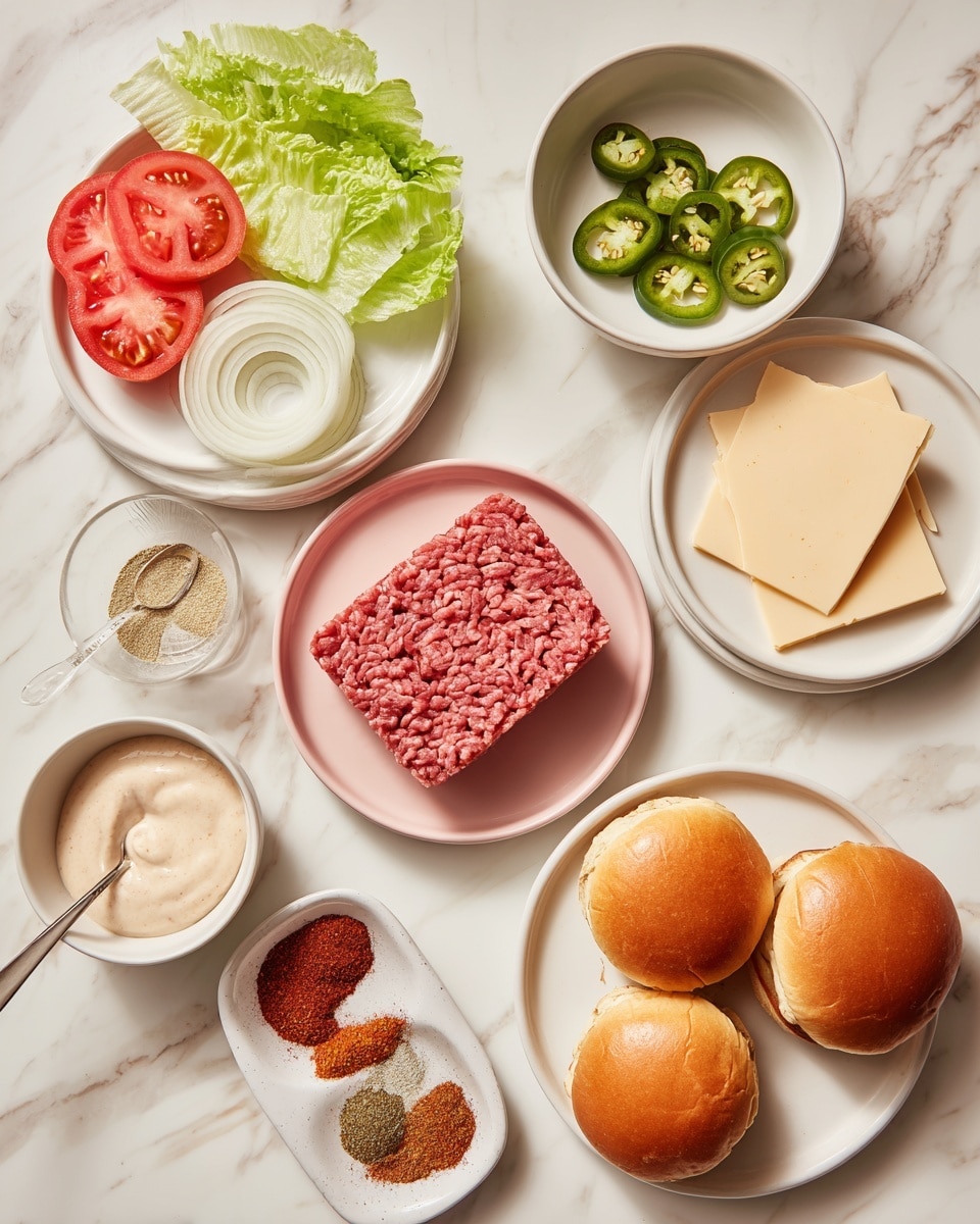 The image shows burger ingredients arranged neatly on a white marbled surface. On the left, a white plate holds fresh green lettuce leaves, three slices of red tomato, and several rings of white onion, layered side by side. Next to this plate, in the center, is a pink plate with a block of raw ground beef, its texture coarse and ridged. Above it, a small white bowl contains green jalapeño slices. To the right, another white plate has four slices of pale yellow cheese with hints of red spices speckled throughout. On the bottom right, a white plate holds four golden brown burger buns, each showing a soft, slightly cracked top. Near the bottom left is a small white plate with five different spices arranged in separate piles of brown, red, and tan shades. Next to this plate is a small bowl of creamy beige sauce with a spoon inside. The background is a white marbled texture. photo taken with an iphone --ar 4:5 --v 7