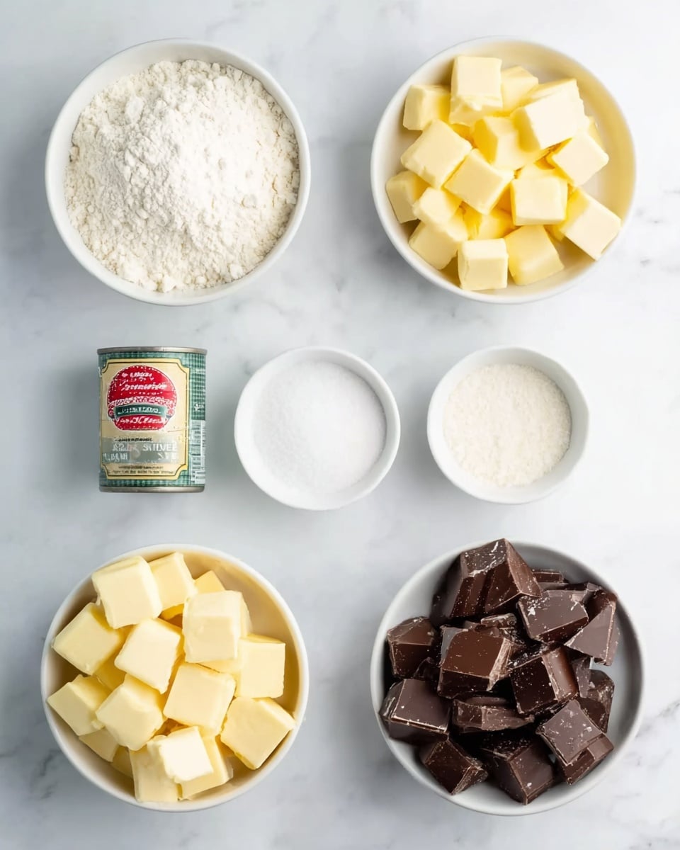 The image shows three white bowls with different ingredients arranged neatly on a white marbled surface. In the first frame, there is a larger bowl filled with white flour at the top right, a smaller bowl with white salt at the bottom right, and a medium bowl with small yellow butter cubes positioned at the bottom left. The second frame has a white bowl filled with yellow butter cubes on the right, a red and white can of condensed milk at the top right, a green container of Golden Syrup at the bottom left, and a white bowl of white sugar at the top left, all placed closely. The third frame shows a large bowl filled with square pieces of dark brown chocolate positioned at the bottom center and a small white bowl with yellow butter cubes at the top right, with the same white marbled background. photo taken with an iphone --ar 4:5 --v 7