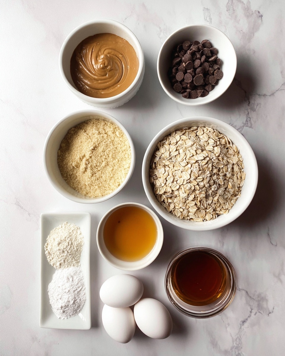 A top-down view of seven white bowls and two white eggs arranged on a white marbled surface. The top left bowl contains a smooth, light brown creamy mixture, while the top right bowl holds dark round chocolate chips. Below the creamy mixture is a bowl filled with rolled oats, and next to it, in the center, is a bowl with pale yellow flour. To the right of the flour is a bowl with golden-brown liquid, and below it, a smaller glass bowl with dark amber liquid. On the bottom left, a flat white dish holds two small piles of white powder. Two whole white eggs rest between the bowls of flour and amber liquid. photo taken with an iphone --ar 4:5 --v 7