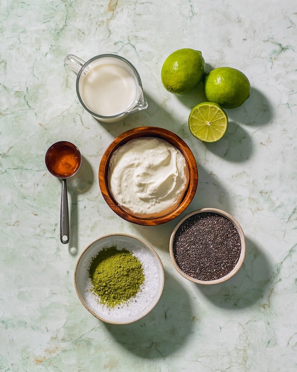 The image shows six items arranged on a white marbled surface: a white bowl filled with dark chia seeds on the right; a wooden bowl in the middle with a thick, creamy white yogurt-like substance; a small white bowl at the bottom containing green matcha powder and white salt side by side; on the left side, a metal measuring spoon with a dark amber liquid inside; a glass jug filled with a white liquid above the wooden bowl; and two green limes, one whole and one cut in half, positioned near the center top. The light is natural and soft, casting gentle shadows around the items. photo taken with an iphone --ar 4:5 --v 7