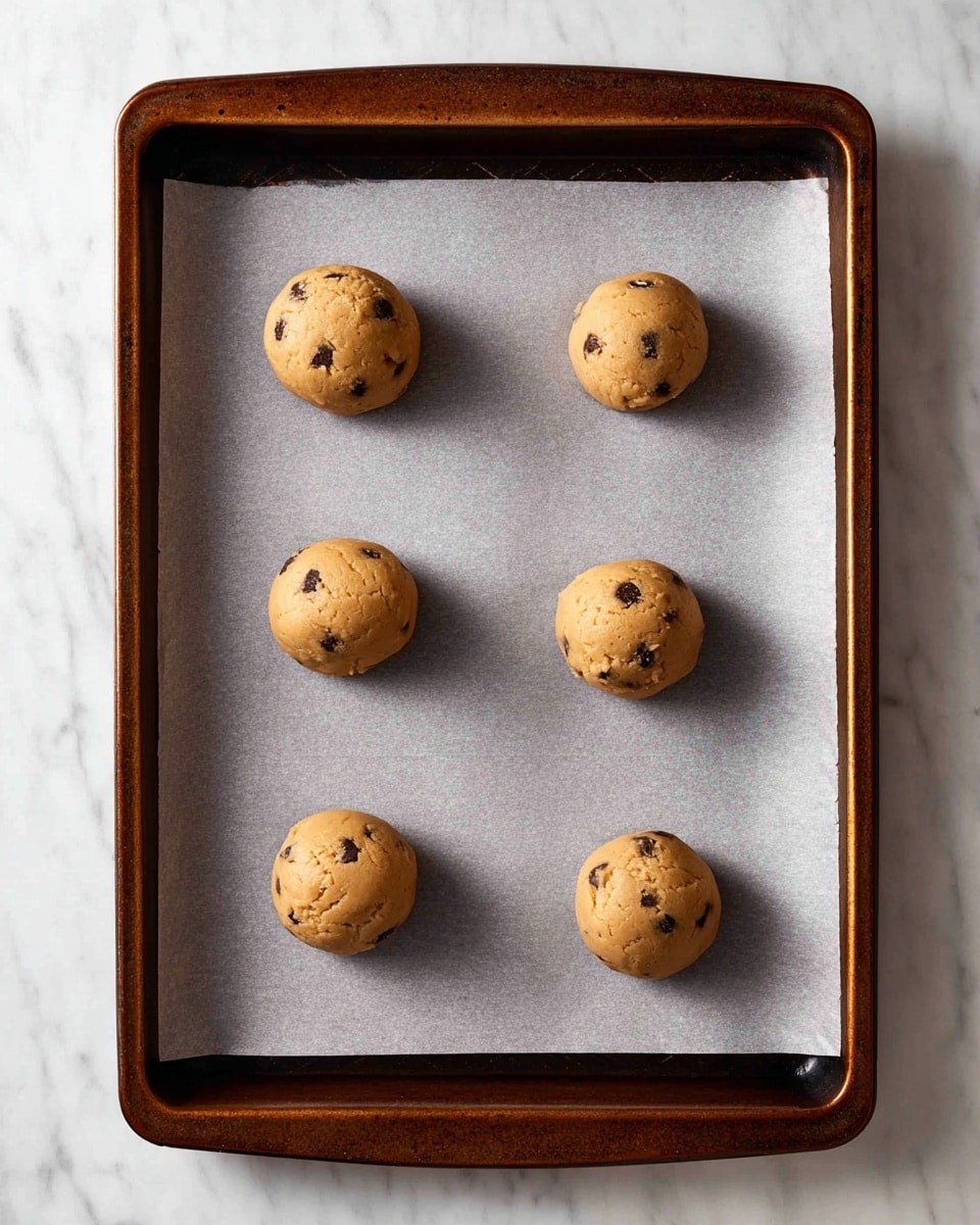 A dark metal baking tray holds six evenly spaced round cookie dough balls arranged in two vertical columns on top of a sheet of white parchment paper. The dough balls are light brown with small dark chocolate chips visible in them, and they have a smooth texture. The tray is placed on a white marbled surface, creating a clean and simple background. photo taken with an iphone --ar 4:5 --v 7