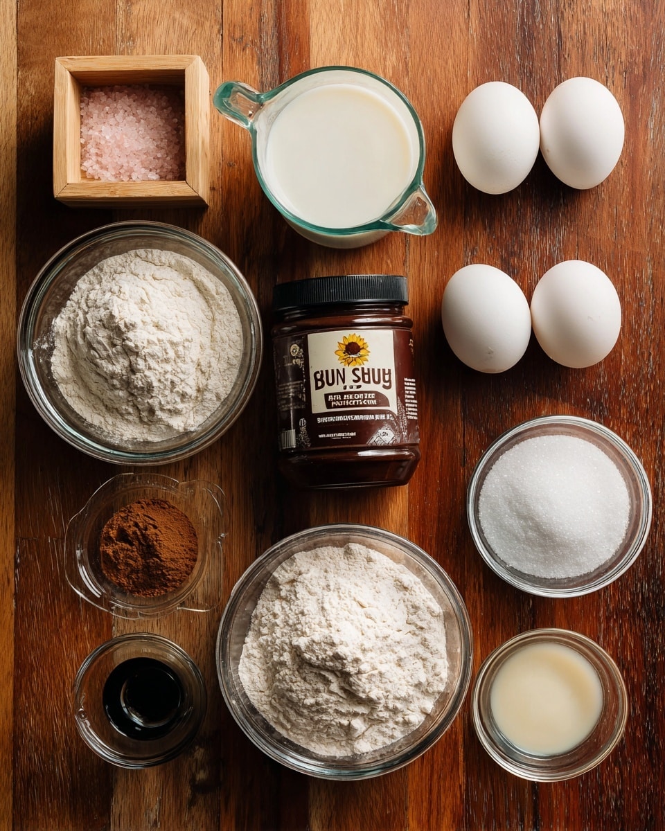 The image shows various baking ingredients arranged on a warm brown wood surface. At the top left corner is a small wooden container filled with pink salt, next to a clear glass measuring cup half-filled with milk. Below the milk are two white eggs placed side by side. Near the eggs is a jar of chocolate SunButter with a sunflower logo on the label. At the center is a small clear glass bowl with dark vanilla extract. Below and slightly to the left is a white measuring cup filled with white flour. To the left of the flour is a small black measuring spoon with ground cinnamon. Below the cinnamon is another small clear glass bowl filled with white sugar. Next to the sugar towards the right is a small clear bowl with translucent coconut oil. Above the sugar and cinnamon is a tiny clear bowl with baking soda and powder. Each ingredient is labeled with simple text describing what it is. photo taken with an iphone --ar 4:5 --v 7
