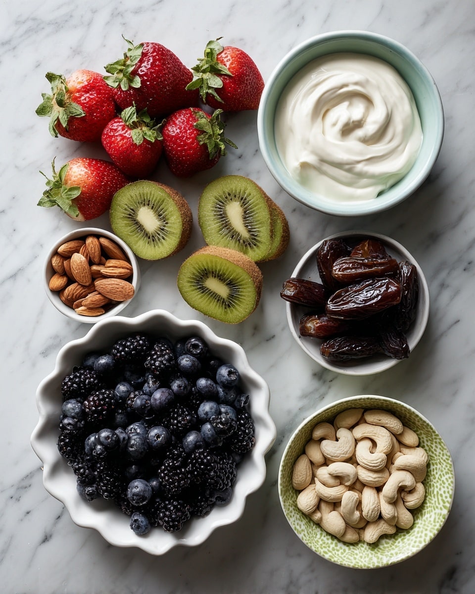 A flat lay shows a collection of fresh and natural ingredients arranged on a white marbled surface. A white scalloped bowl filled with shiny dark blueberries is at the bottom left. Around the bowl are bright red strawberries with green tops, dark blackberries, and two whole fuzzy brown kiwis clustered together, labelled