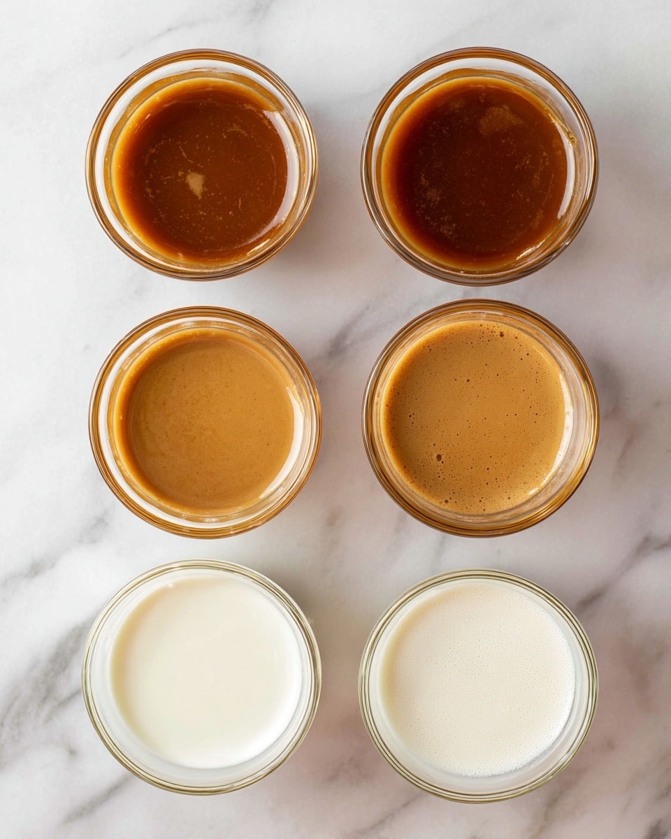 The image shows eight small clear glass bowls arranged in two vertical columns on a white marbled surface. The top three bowls in the left column and the top two bowls in the right column contain a thick, shiny brown liquid with a smooth texture. The bottom three bowls in both columns hold a creamy white liquid that appears smooth and slightly frothy on the surface. The arrangement is neat and evenly spaced, showing the liquids' rich colors and textures clearly. Photo taken with an iphone --ar 4:5 --v 7
