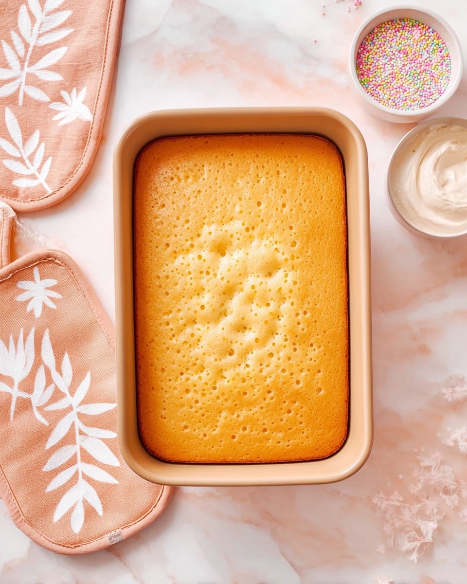 A single-layer golden yellow cake with a slightly uneven, soft top surface full of small bubbles, baked inside a light beige rectangular pan placed on a white marbled surface. Around the pan, there are two peach-pink fabric items with white leaf patterns—one oven mitt at the bottom and one pot holder to the top left. To the upper right, a small white bowl of light beige cream and another small white bowl filled with pastel-colored round sprinkles rest on the white marbled background. Photo taken with an iphone --ar 4:5 --v 7