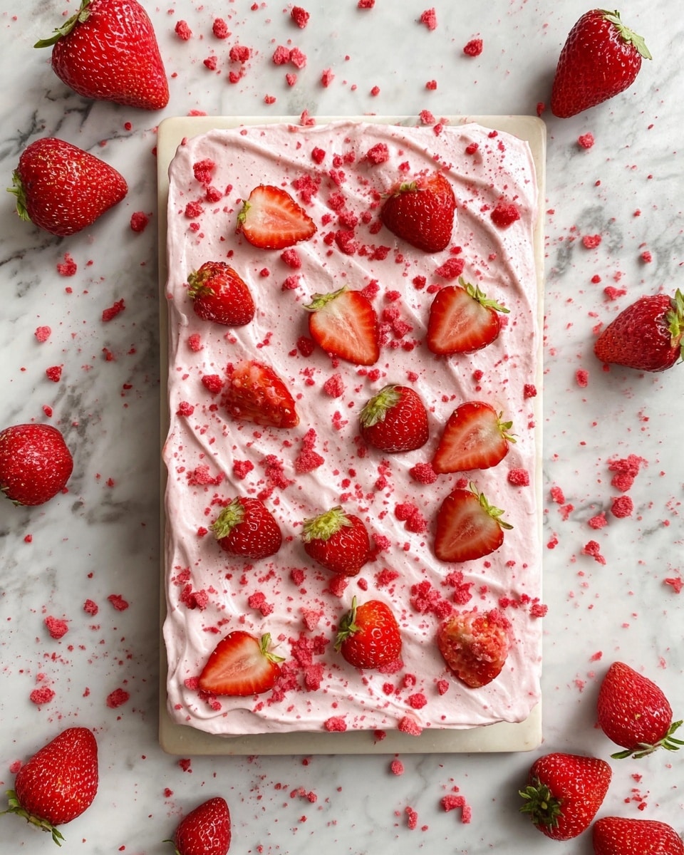 The image shows a rectangular dessert with one visible layer covered in light pink whipped cream that has a smooth, swirled texture. On top, whole and halved fresh strawberries are scattered evenly, giving a mix of red and light green colors from the fruit's skin and leaves. There are small red powder sprinkles spread across the whipped cream and the white marbled surface around the dessert. The dessert sits on a white marbled rectangle board, and there are extra whole and broken strawberries around it. photo taken with an iphone --ar 4:5 --v 7