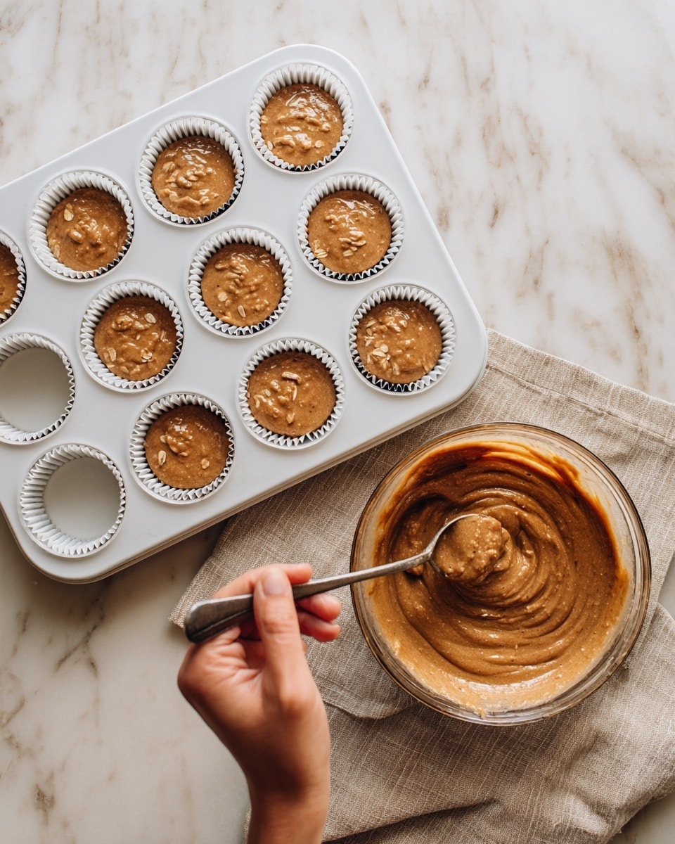 A clear glass bowl on the right side filled with thick, brown batter containing small oat pieces mixed throughout, with some batter sticking to the sides; a white muffin tray on the left with nine paper-lined cups, each filled evenly with the same oat batter to about three-quarters full; a woman's hand holding a metal spoon near the top left filling one of the cups with batter; all set on a white marbled surface with a beige cloth partially visible underneath the bowl. photo taken with an iphone --ar 4:5 --v 7
