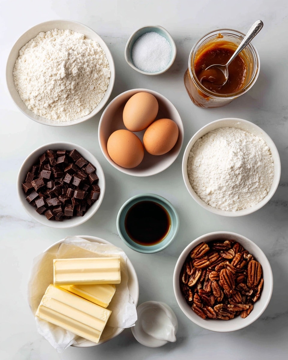 The image shows several square chocolate brownies with three main layers: a dark brown, dense base, a middle layer of mixed nuts and chocolate chips scattered unevenly on top, and the final layer is a drizzle of light brown caramel sauce zigzagged across each brownie. The brownies lay on white parchment paper over a white marbled surface. Around the brownies, there are some loose chocolate chips and pieces of nuts scattered naturally. At the bottom right of the image, there is a shiny pool of caramel sauce adding a glossy texture contrast. Photo taken with an iphone --ar 4:5 --v 7