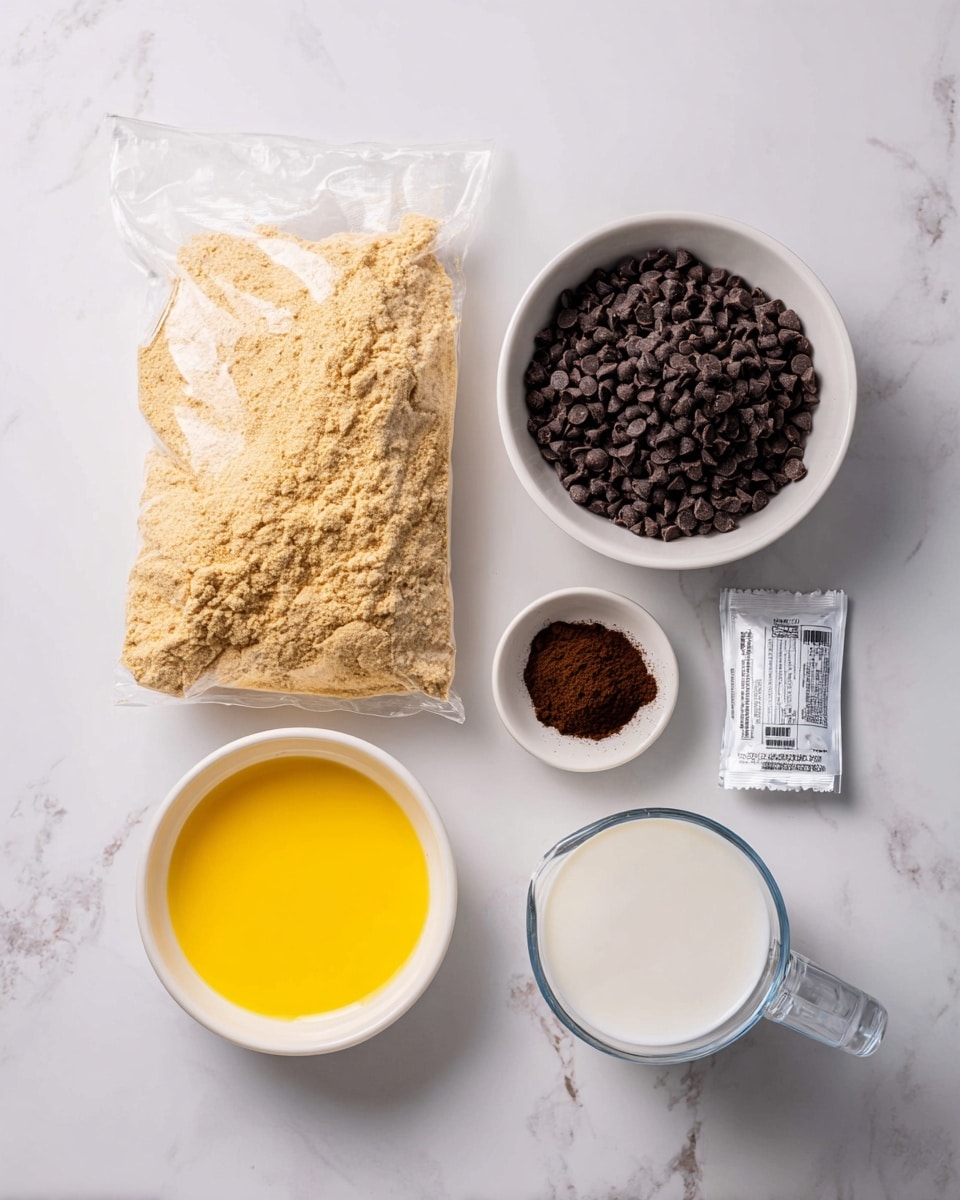 The image shows five containers of ingredients placed on a white marbled surface. On the top left, there is a clear plastic bag filled with light brown cake mix, labeled