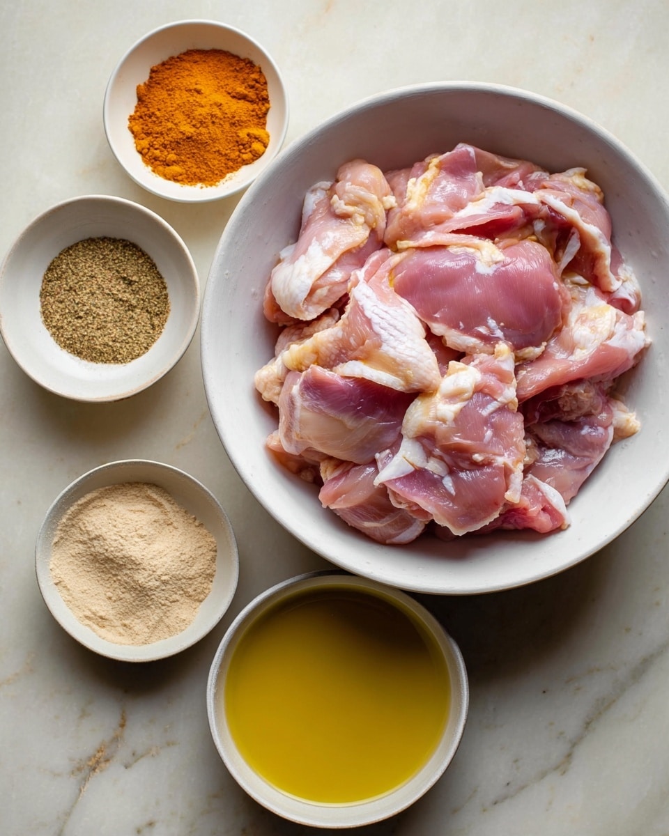A large white bowl sits in the center filled with raw pink chicken pieces with visible white fat layers, creating a mix of smooth and slightly uneven textures. Surrounding the bowl are four smaller white bowls: the top left one holds a bright orange powder, the top right contains a light beige powder, the bottom left has a pale tan powder, and the bottom right shows a golden yellow liquid, each bowl neatly arranged on a white marbled surface. The colors contrast well with the chicken, creating a warm and fresh cooking scene photo taken with an iphone --ar 4:5 --v 7