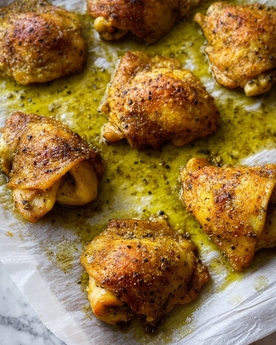 The image shows several pieces of golden-brown cooked chicken thighs placed on a sheet of white parchment paper with a lot of green oil or sauce spread under and around them. Each chicken piece has a slightly crispy skin with a textured, uneven surface and is sprinkled with small black pepper flakes. The chicken pieces are close to each other but not touching, and the parchment paper is placed on a white marbled surface. The chicken looks juicy with a mix of light brown and yellow colors from the spices and oil. photo taken with an iphone --ar 4:5 --v 7