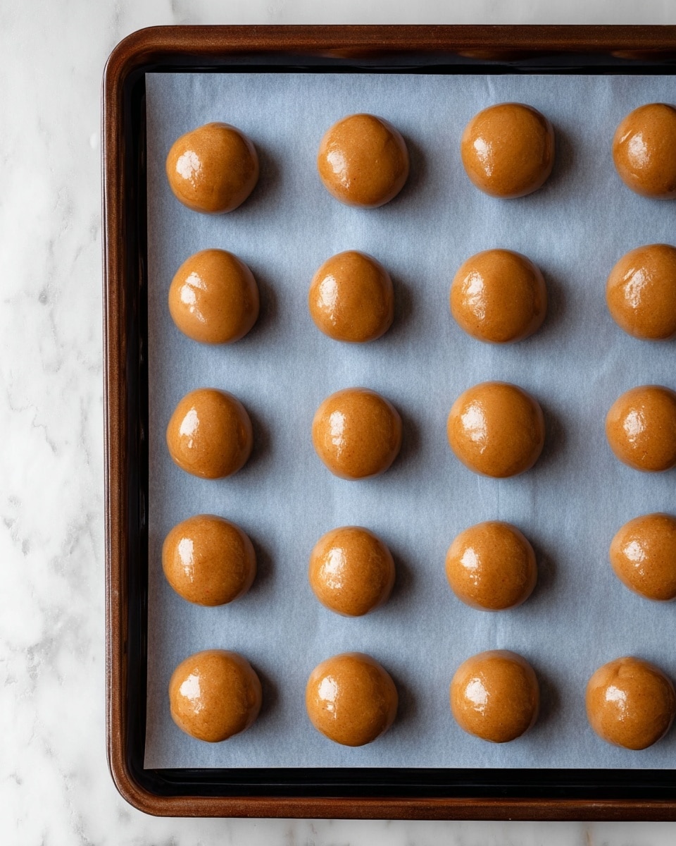 A dark baking tray holds 18 smooth, round dough balls evenly spaced in four rows on a light blue parchment paper. Each dough ball is shiny and light brown with a smooth surface, showing no cracks or additions. The tray lies flat on a white marbled surface with soft natural light highlighting the glossy texture of the dough balls. Photo taken with an iphone --ar 4:5 --v 7