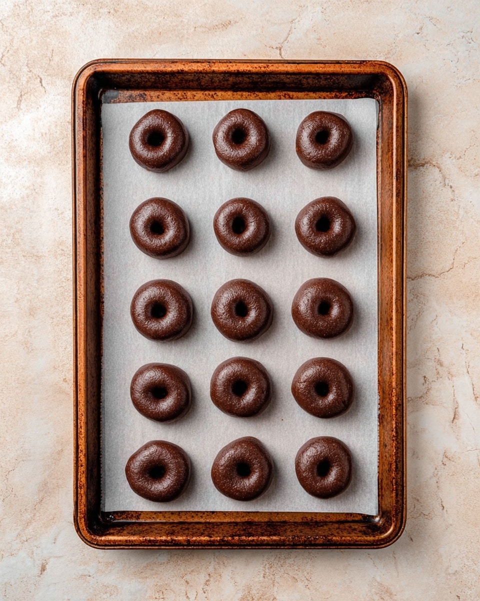 The image shows a rusty brown baking tray lined with white parchment paper, holding fifteen small, round chocolate dough balls arranged in a 3 by 5 grid. Each dough piece has a smooth, dark brown surface with a small round indentation pressed into the center, giving them a donut-like appearance. The tray sits on a light beige surface that is changed to a white marbled texture. photo taken with an iphone --ar 4:5 --v 7