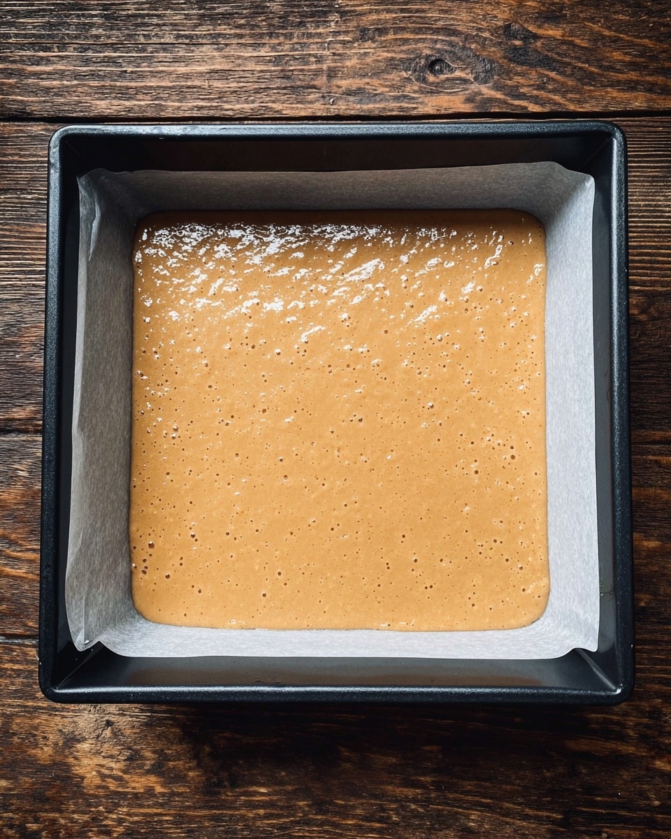 A square black baking pan lined with white baking paper holds one smooth layer of light brown batter with tiny bubbles spread evenly across the surface. The pan is set on a wooden textured surface. photo taken with an iphone --ar 4:5 --v 7