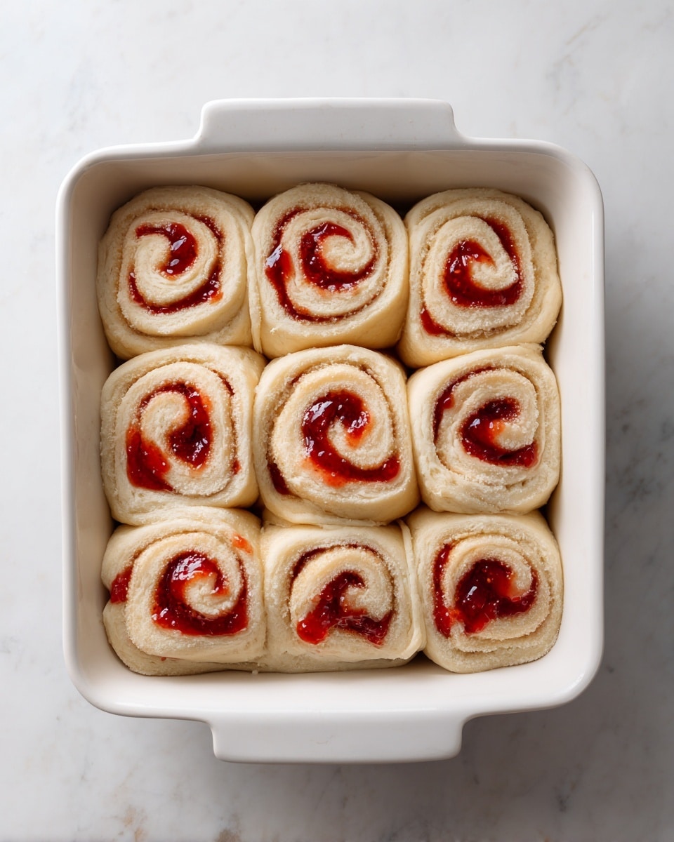The image shows a white rectangular baking dish filled with nine uncooked rolls made of light beige dough swirled in a spiral pattern. Each roll has a layer of bright red jam spread unevenly on the surface and swirled inside the spirals, creating a contrast with the dough. The rolls are placed closely together in three rows, filling the dish. The dish is on a white marbled surface. Photo taken with an iphone --ar 4:5 --v 7