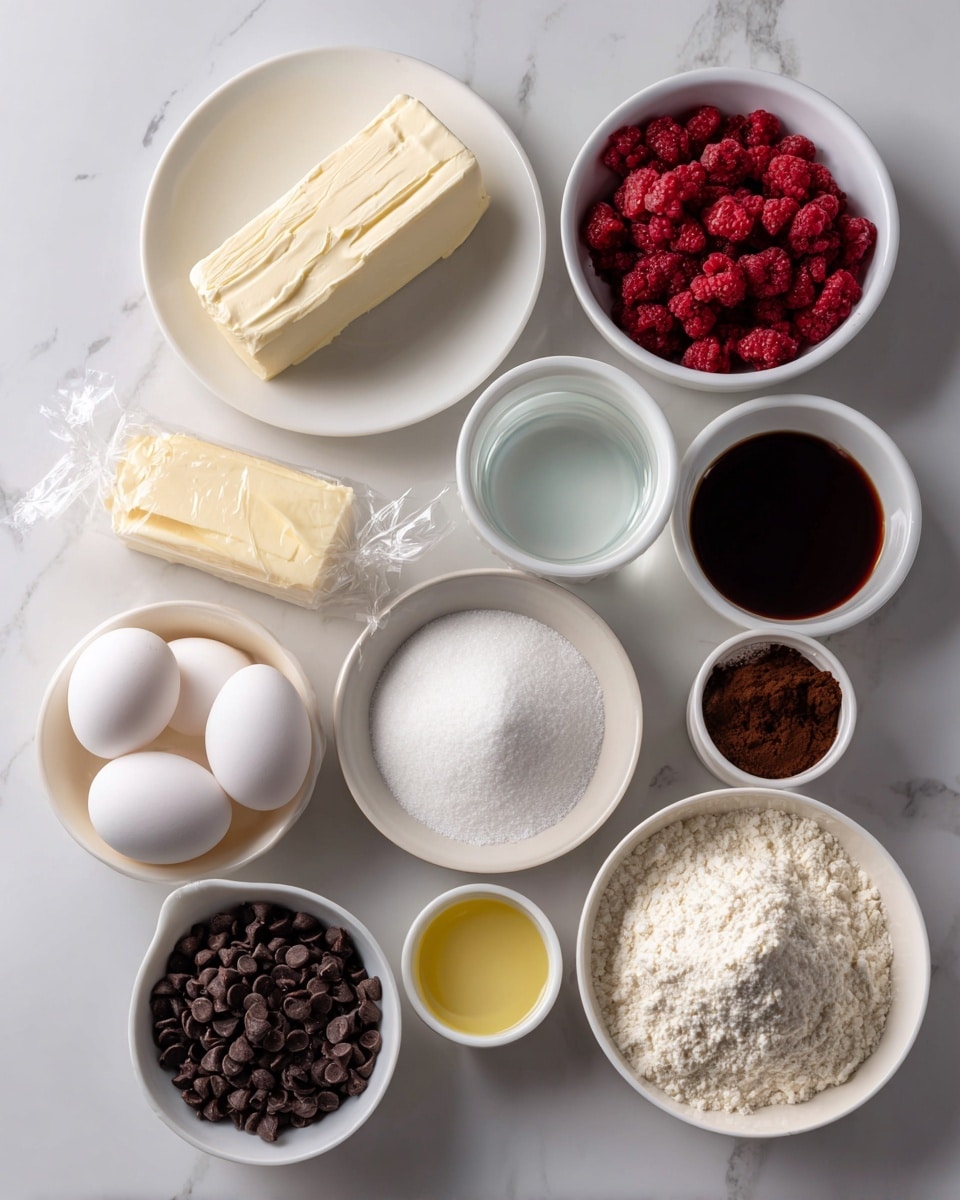 The image shows multiple small white bowls and plates arranged on a white marbled surface, each filled with a different ingredient. From top left, there is a white plate with a block of cream cheese that is pale and smooth. Next to it on the right is a bowl with bright red freeze-dried raspberries and below it a bowl with dark red raspberry jam with a chunky, shiny texture. Moving down, there is a wrapped stick of pale yellow butter. To the left of the butter is a white bowl filled with fine white sugar. Below the sugar is a small white bowl with clear water and next to it on the left is a small white bowl with pale yellow oil. On the far left, there is a small white plate holding three white eggs. Below the eggs is a small white bowl with a small amount of white salt. Next to that is a small clear bowl with dark brown vanilla extract. Below this is a medium-sized white bowl filled with white flour that looks light and powdery. To the right of the flour is a white bowl packed with dark brown Dutch process cocoa powder with a soft texture and below the salt is a white bowl with small, dark brown chocolate chips. The setup is clean and organized, showing all the ingredients clearly and neatly. Photo taken with an iphone --ar 4:5 --v 7