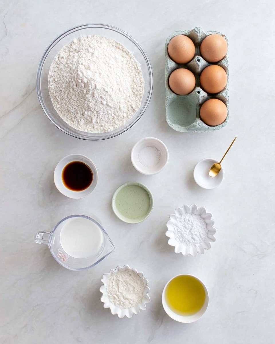 A glass bowl filled with white flour sits on the upper left side of a white marbled surface. To the right, an egg carton holds four brown eggs in the lower right section of the carton. Below the flour bowl, there is a small white container with a golden spoon inside, next to a small flower-shaped white bowl with white powder. Further down and centered is a clear glass measuring cup filled with a white liquid. On the right side, three small white bowls hold different liquids and powders: the top one contains a dark brown liquid, the middle one a white granular substance, and the bottom one a pale green liquid, with an additional small white bowl near the bottom holding a yellowish liquid. The setup is evenly spaced and arranged neatly. photo taken with an iphone --ar 4:5 --v 7