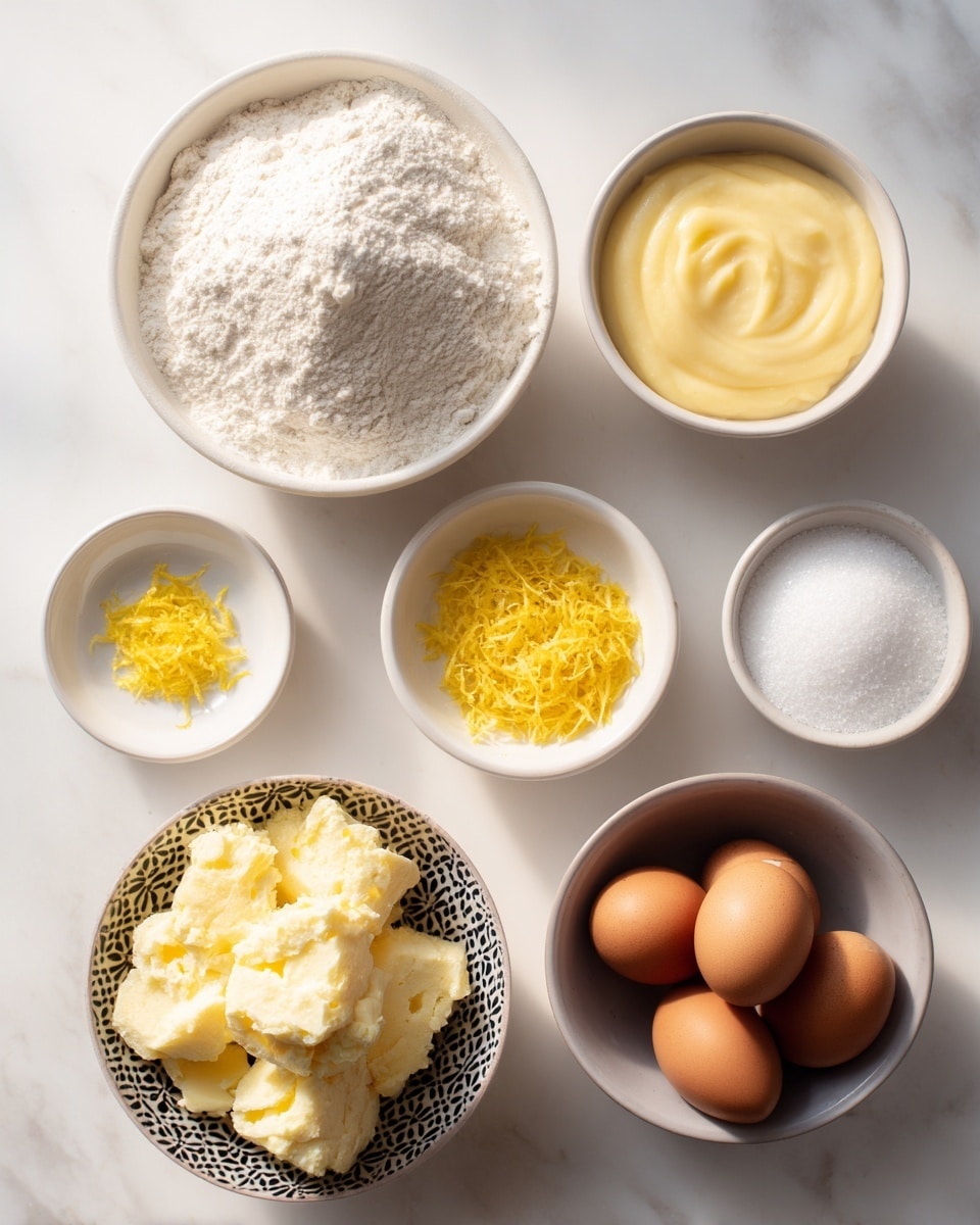 Seven small bowls are arranged on a white marbled surface, each containing a different ingredient. At top left, a white bowl holds a pile of fine white self-rising flour with soft shadows showing its texture. To its right, a small white bowl holds smooth pale yellow lemon curd with a glossy surface. Next to that, a tiny white bowl contains bright yellow lemon zest that looks dry and finely grated. On the far right, a white bowl is filled with granulated white sugar, looking soft and slightly piled up. Below the flour, a white bowl with black patterned inside holds clumps of softened pale yellow butter with a creamy texture. Next to it, a light grey bowl contains three whole brown eggs with smooth shells. The bowls sit spaced apart with soft natural light and shadows, all on a white marbled surface. Photo taken with an iphone --ar 4:5 --v 7