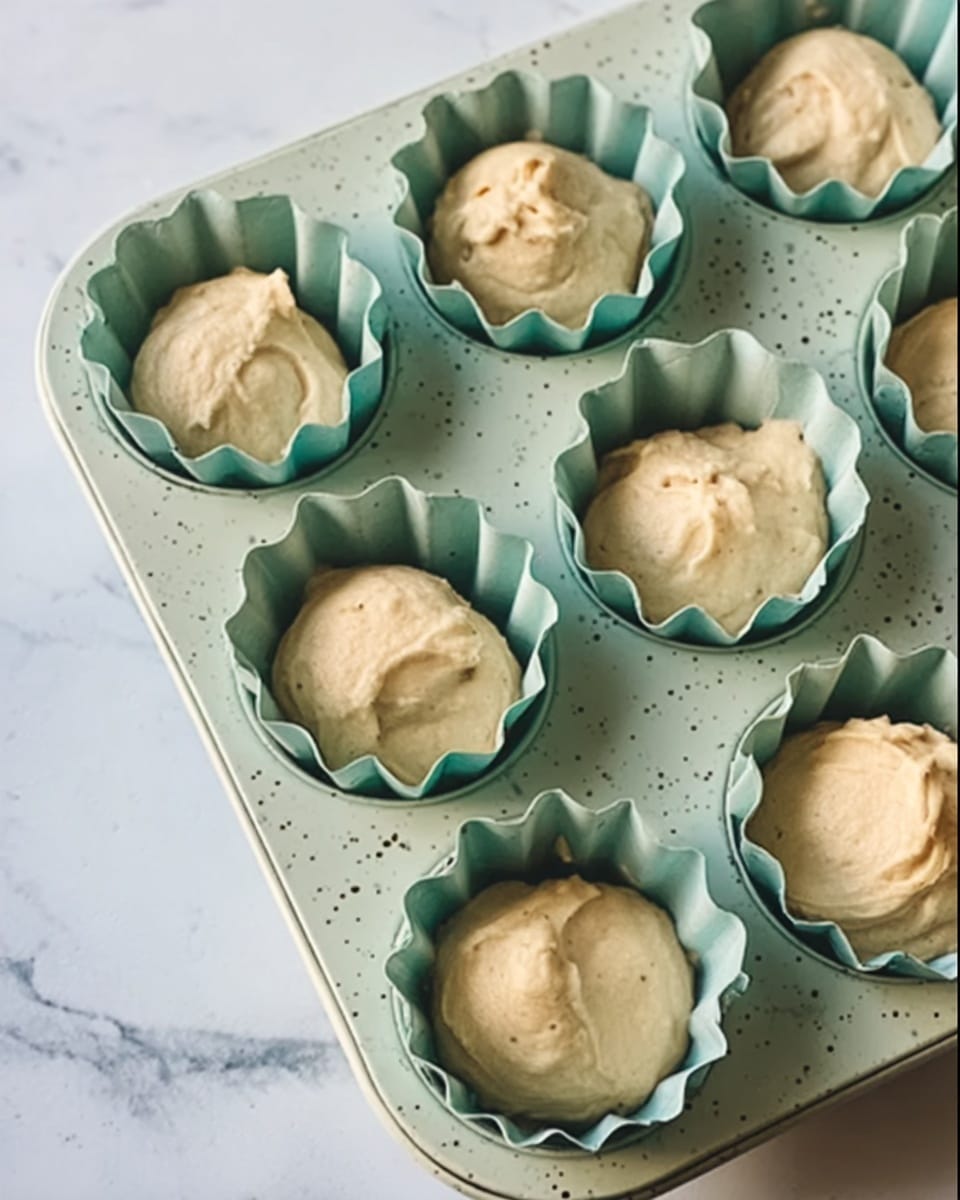 The image shows six cupcake liners filled with light beige batter, each liner having a wavy edge and placed in a light green cupcake tray with speckles. The batter looks smooth with soft peaks, filling each liner about halfway. The tray is set on a white marbled surface. The scene is bright and softly lit, focusing on the texture of the batter and the arrangement of the liners. photo taken with an iphone --ar 4:5 --v 7