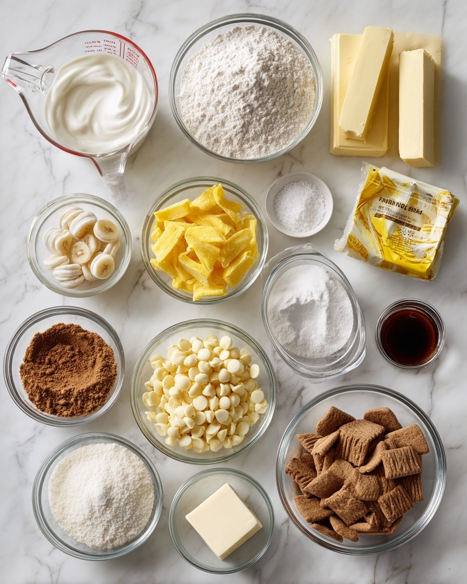 The image shows various baking ingredients arranged neatly on a white marbled surface. There are fourteen clear glass bowls and a measuring cup, each filled with different ingredients: a measuring cup with light cream, a bowl of white powdered sugar, a bowl of white flour with a powdery texture, two sticks of yellow butter lying side by side, a bowl of yellow banana chips, a small glass bowl of mashed yellow banana, a bowl of crushed brown Nilla wafers, a bowl of creamy white chocolate chips, a small bowl of white sugar, a small bowl of brown sugar, a bowl with a white block of cream cheese, a tiny bowl with baking soda, a tiny bowl of white salt, and a small cup with dark brown vanilla extract. There is also a yellow package of banana pudding mix visible near the banana chips, all labels neatly placed next to each item. The photo taken with an iphone --ar 4:5 --v 7